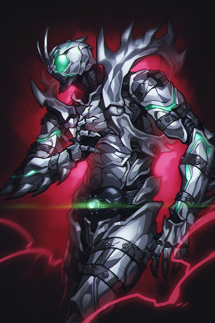 1boy, absurdres, antennae, armor, claws, commentary, dark_background, glowing, green_eyes, highres, kamen_rider, kamen_rider_black_(series), kamen_rider_black_sun, kamen_rider_shadow_moon, kingstone, monster, no_humans, onion_maru, rider_belt, shadow_moon, solo, spikes, standing, upper_body