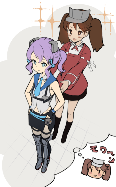 2girls, aqua_necktie, bangs, black_gloves, black_skirt, blush, boots, brown_hair