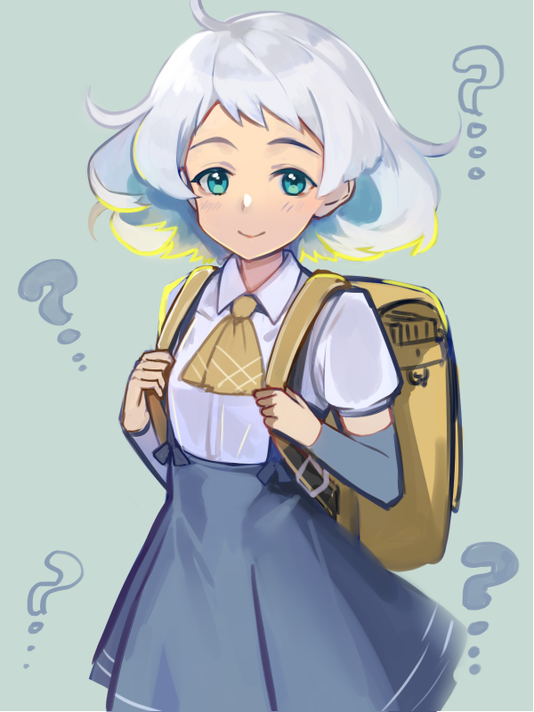 1girl, ?, arm_warmers, ascot, backpack, bag, blonde_hair, blue_hair