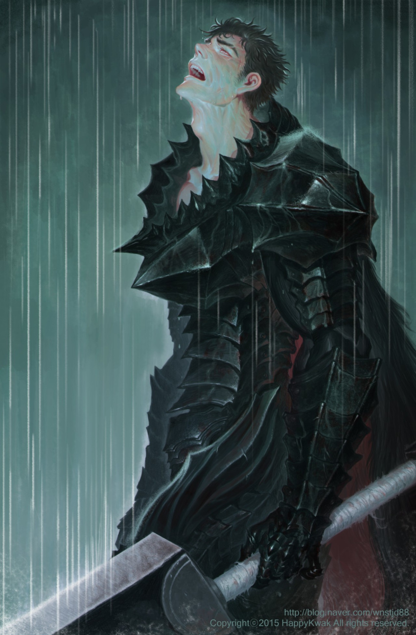 1boy, adam's_apple, armor, artist_name, berserk, berserker_armor, black_cloak, black_hair