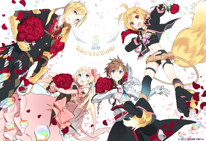 2boys, 2girls, :d, anniversary, armor, asymmetrical_legwear, bangs, belt_pouch
