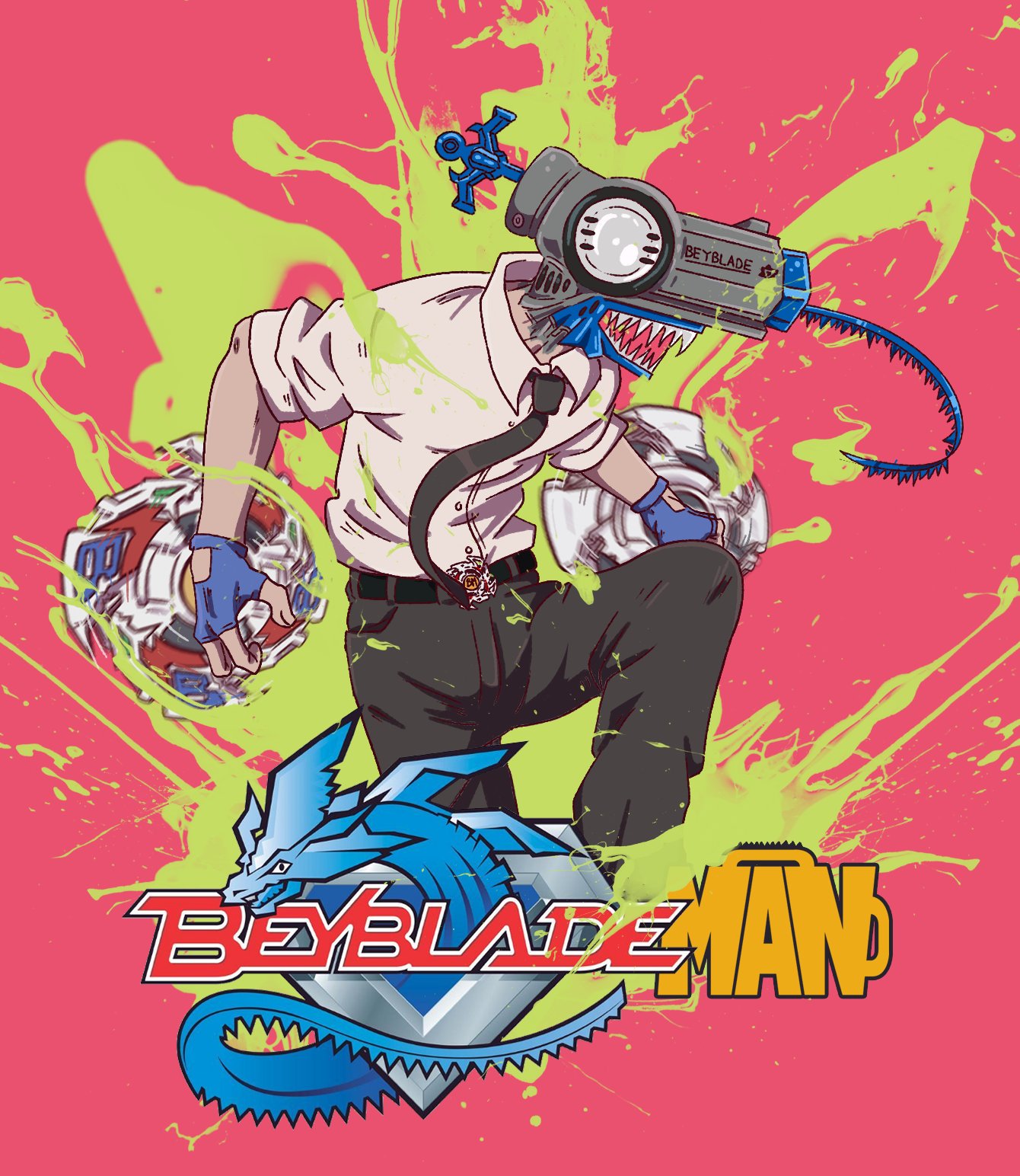 1boy, belt, belt_buckle, beyblade, beyblade_(object), black_necktie, black_pants, blue_gloves