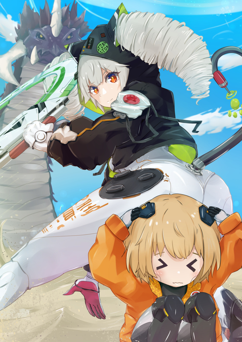 >_<, 2girls, bangs, blonde_hair, blue_sky, bodysuit, drill_hair, grey_hair, hand_on_own_head, highres, holding, holding_weapon, hood, hooded_jacket, jacket, looking_at_viewer, medium_hair, mi-a_(tower_of_fantasy), monster, multiple_girls, orange_eyes, outdoors, shiro_(tower_of_fantasy), skin_tight, sky, smile, tower_of_fantasy, twin_drills, weapon, yukiguni_kitsune