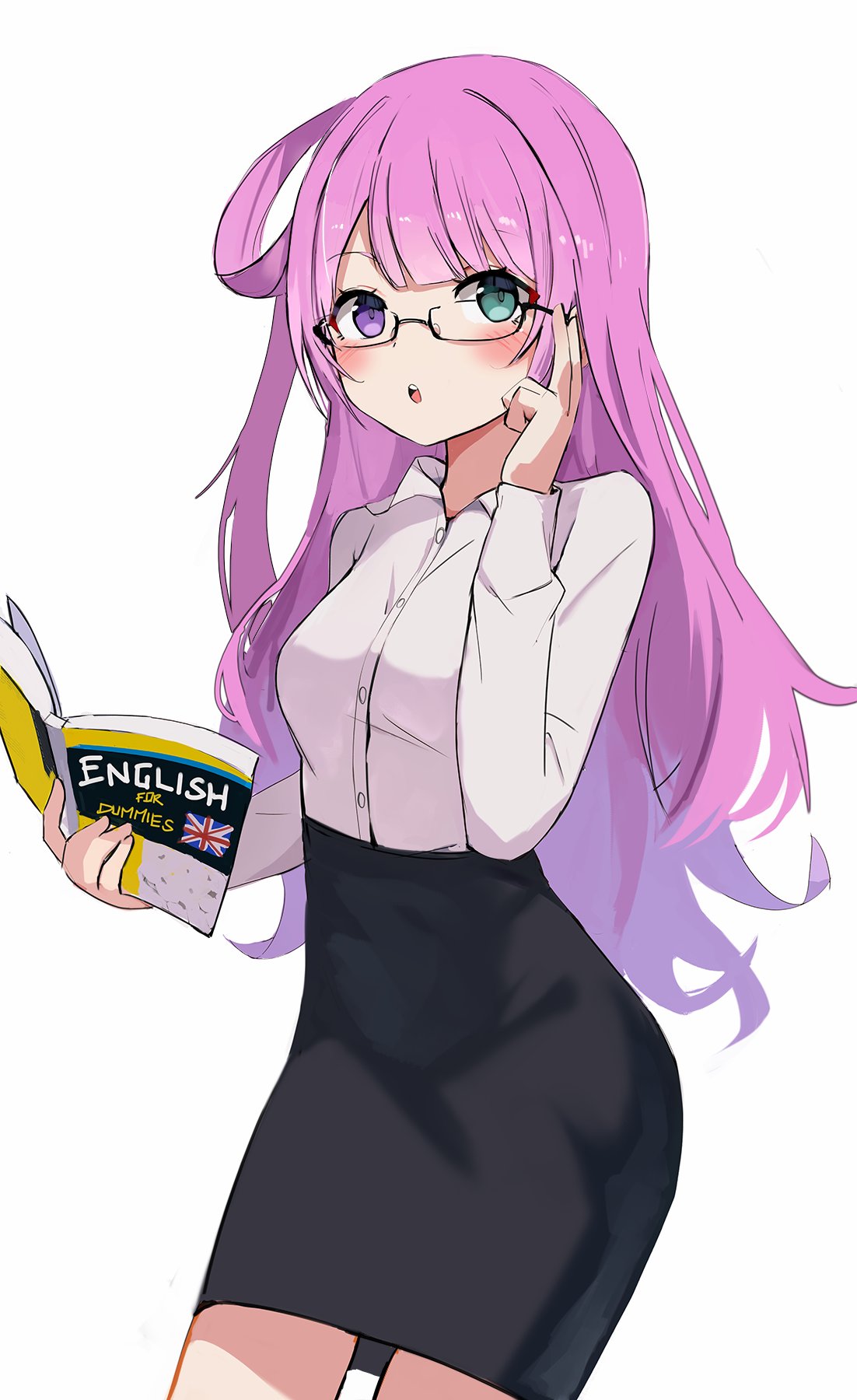 1girl, adjusting_eyewear, bangs, black_skirt, blunt_bangs, blush, book, breasts