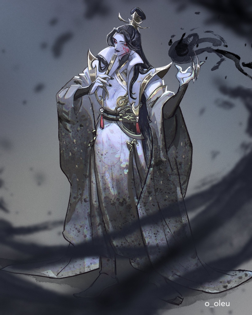 1boy, alternate_costume, artist_name, bangs, black_hair, black_nails, blue_skin, clothing_request