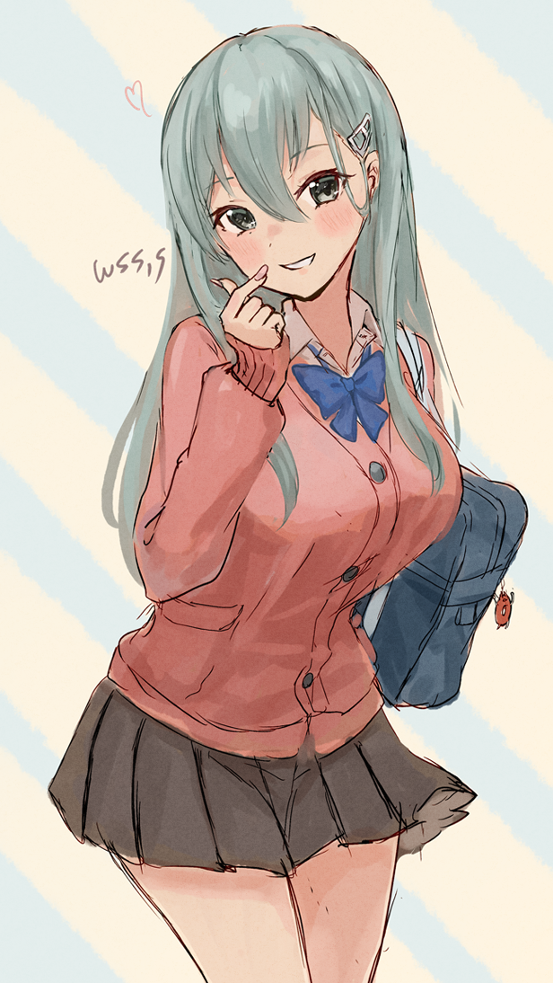 1girl, artist_name, bag, black_skirt, blush, breasts, buttons, cardigan