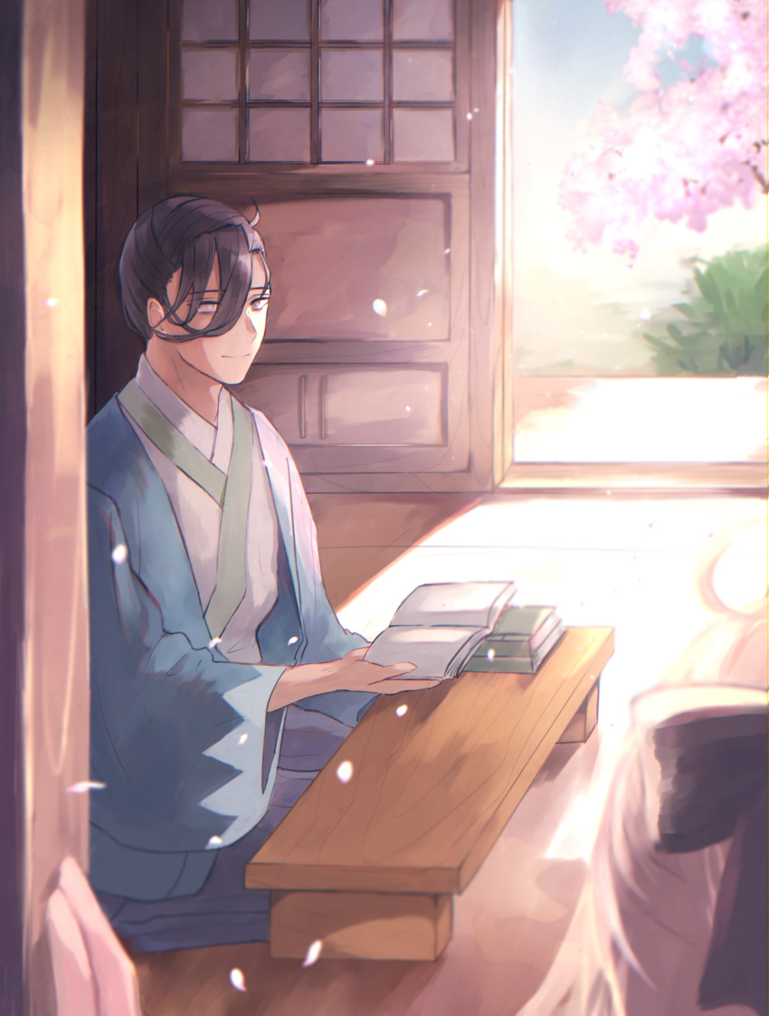 1boy, 1girl, ahoge, black_bow, blue_jacket, book, bow, brown_hair