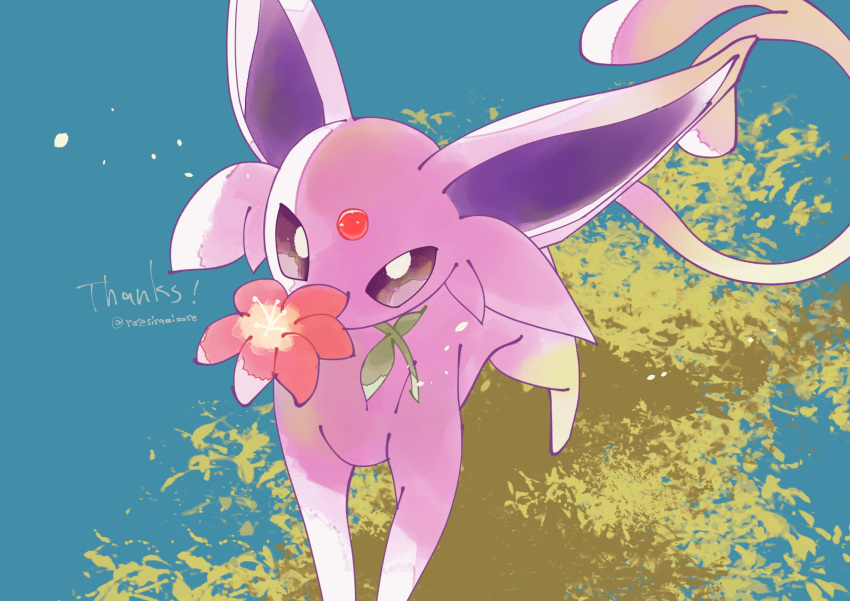 animal_focus, bright_pupils, commentary_request, espeon, flower, forehead_jewel, forked_tail, highres