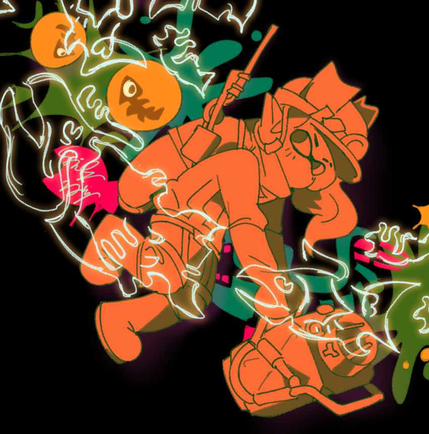 1girl, asymmetrical_hair, black_background, boots, commentary, english_commentary, explosher_(splatoon), fish, full_body, gloves, golden_egg, headlamp, helmet, highres, holding, holding_weapon, hools, inkling, inkling_girl, jumpsuit, leg_up, lifebuoy, long_hair, long_sleeves, looking_back, no_mouth, pointy_ears, radio_antenna, salmon, salmon_run_(splatoon), sketch, slime_(substance), solo, splatoon_(series), splatoon_3, standing, standing_on_one_leg, tentacle_hair, tentacles, weapon