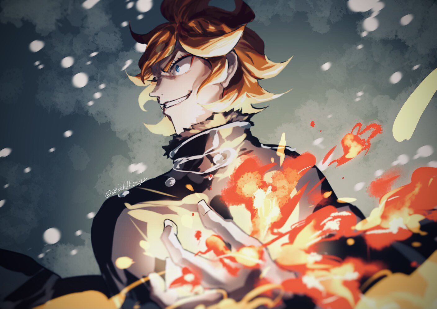 1girl, black_clover, blue_eyes, breasts, fire, large_breasts, looking_to_the_side, mereoleona_vermillion
