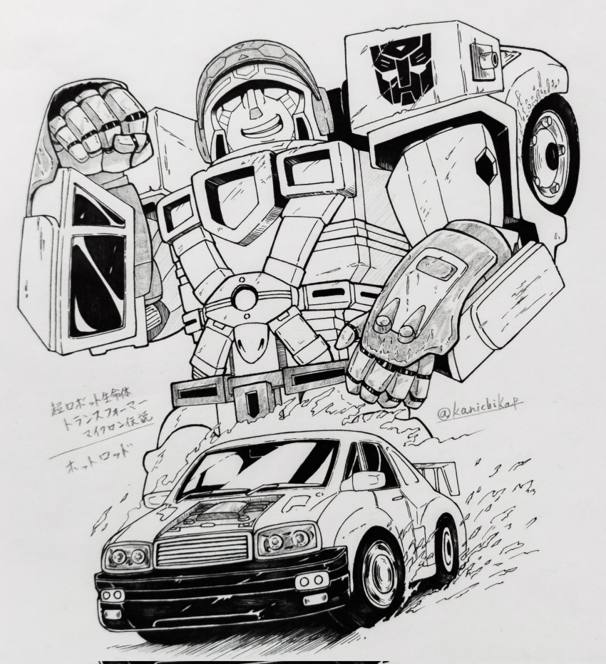 car, clenched_hand, greyscale, ground_vehicle, highres, hot_shot_(transformers), ink_(medium), kaichou_kanei, looking_at_viewer, mecha, monochrome, motor_vehicle, open_mouth, pen, photo_(medium), robot, science_fiction, smile, spoiler_(automobile), traditional_media, transformers, transformers_armada, twitter_username, white_background