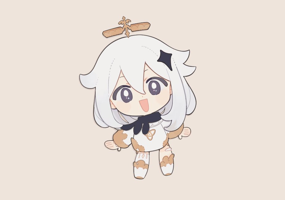 1girl, :d, bangs, black_eyes, black_scarf, boots, brown_background, chibi