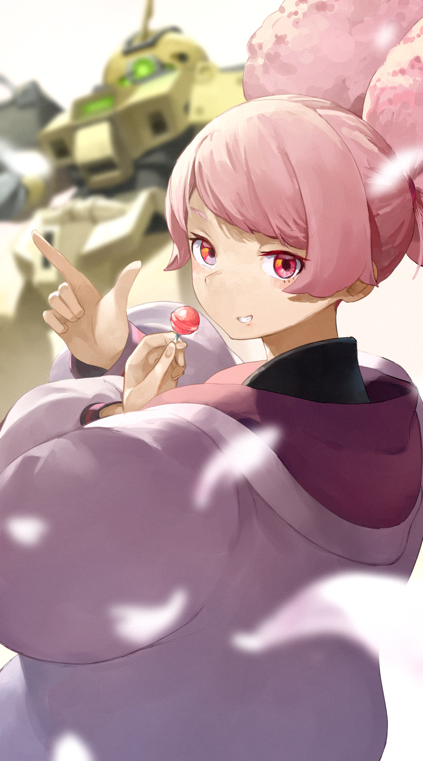 1girl, absurdres, afro_puffs, asticassia_school_uniform, black_shirt, blurry, blurry_background, blush
