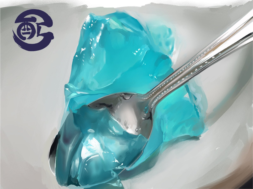 artist_name, commentary_request, food_focus, grey_background, haisen, highres, jelly, no_humans, original, signature, simple_background, sketch, spoon, still_life, transparent