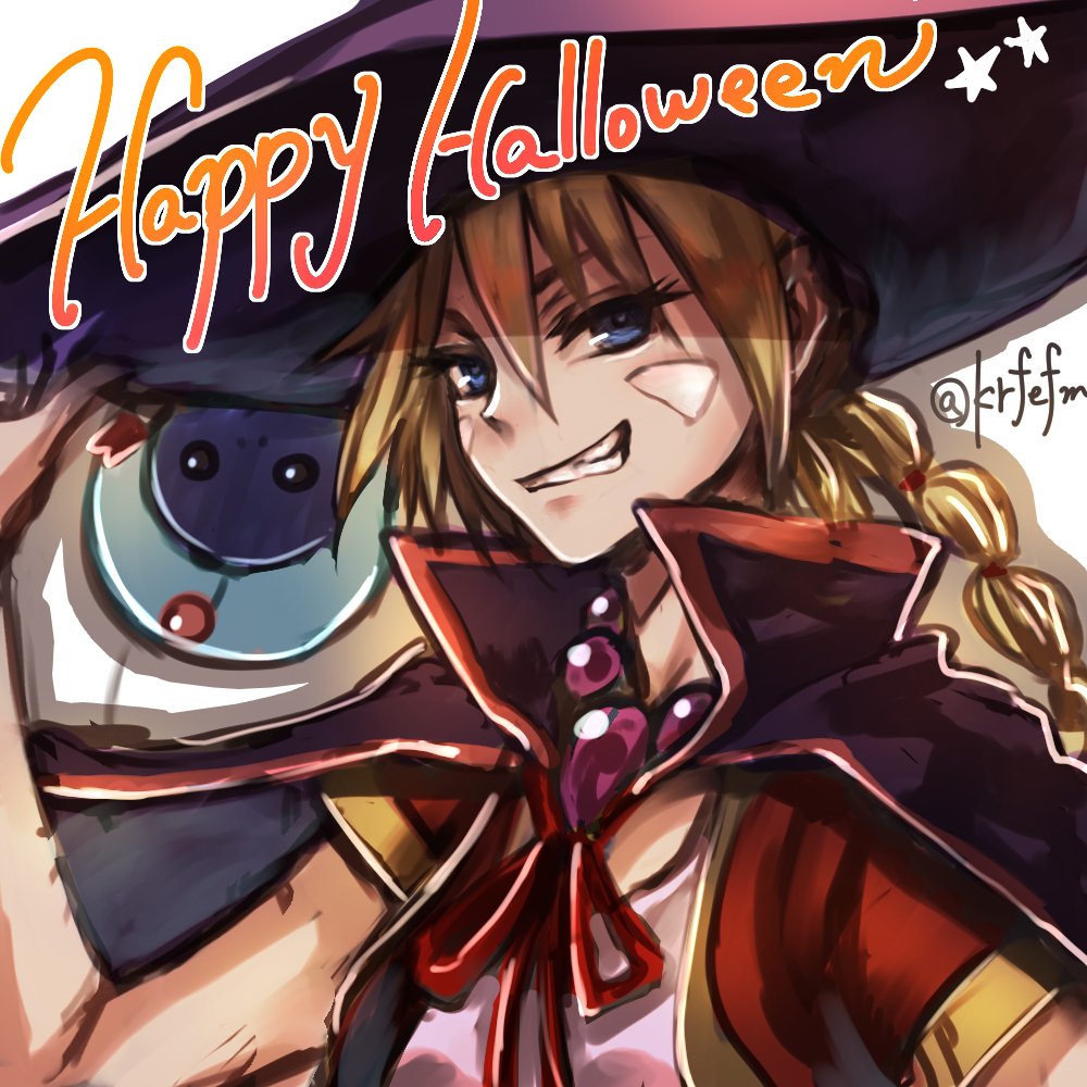 1girl, alien, bandages, blonde_hair, blue_eyes, chrono_cross, facial_mark, halloween, happy_halloween, hat, kid_(chrono_cross), long_hair, looking_at_viewer, mizuki1196, multi-tied_hair, ponytail, red_ribbon, ribbon, simple_background, smile, solo, starky_(chrono_cross), vest, white_background, witch_hat