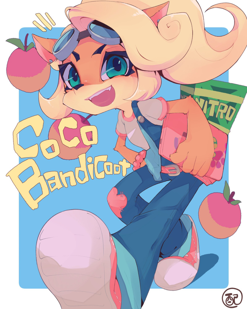 1girl, animal_ears, animal_nose, aqua_eyes, artist_name, belt, blonde_hair, blue-tinted_eyewear, blue_background, blue_overalls, body_fur, border, character_name, coco_bandicoot, commentary, computer, crash_bandicoot_(series), earrings, english_text, eyewear_on_head, fangs, flat_chest, food, fruit, furry, furry_female, goggles, grey-framed_eyewear, haisen, hand_on_hip, highres, holding, holding_laptop, jewelry, laptop, leaning_forward, long_hair, looking_at_viewer, notice_lines, open_mouth, orange_fur, outside_border, overalls, patch, paw_print, pink_footwear, pink_scrunchie, pink_trim, ponytail, scrunchie, shirt, shoes, short_sleeves, sidelocks, signature, simple_background, smile, sneakers, snout, solo, strap_slip, stud_earrings, teeth, tinted_eyewear, two-tone_fur, walking, white_border, white_shirt, wooden_box, wrist_scrunchie, wumpa_fruit, yellow_fur