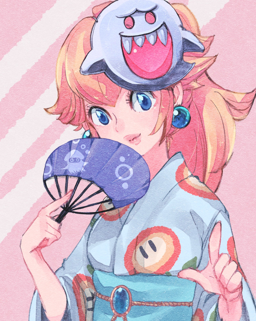 1girl, bangs, blonde_hair, blooper_(mario), blue_eyes, blue_gemstone, blush, boo_(mario)