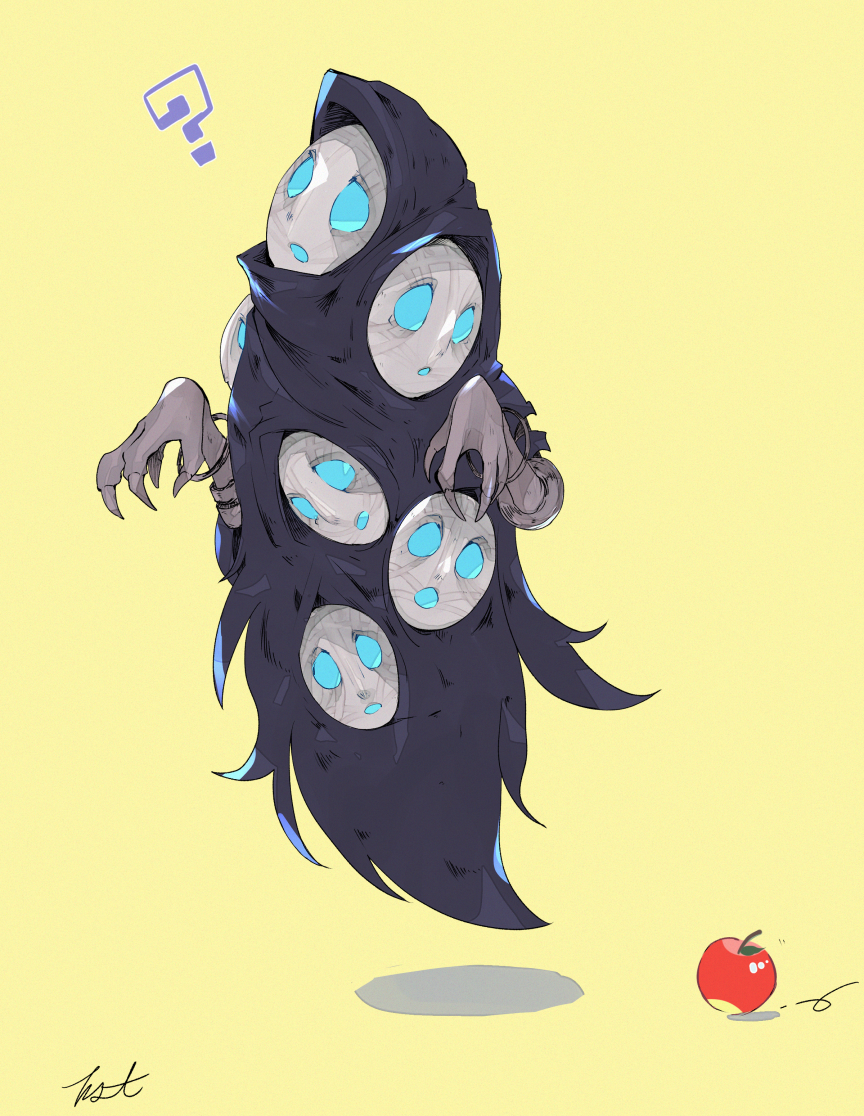 ?, apple, artist_name, bangle, black_cloak, blank_eyes, blue_eyes, bracelet