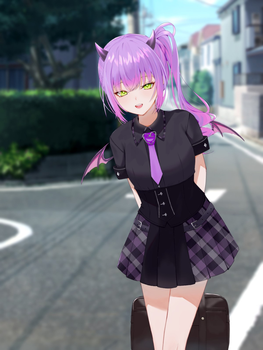 1girl, arms_behind_back, bag, black_shirt, black_skirt, blurry, blurry_background, breasts