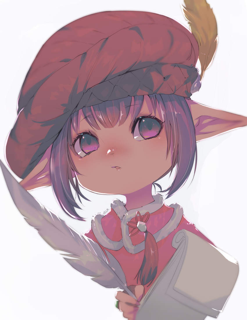 1girl, absurdres, backlighting, bangs, beret, blush, commentary_request, feathers