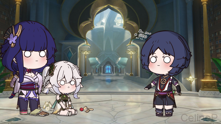 1boy, 2girls, artist_name, celinepizza, chibi, english_commentary, genshin_impact, highres