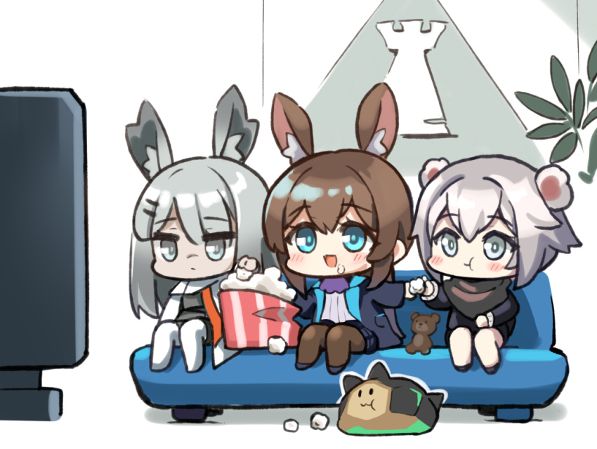 3girls, :3, :d, amiya_(arknights), animal_ears, arknights, ascot, black_jacket
