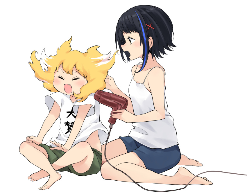 2girls, absurdres, black_hair, blonde_hair, blue_hair, blush, closed_eyes, denonbu, drying, drying_hair, green_eyes, hair_dryer, hair_ornament, highres, holding, multicolored_hair, multiple_girls, open_mouth, seto_mitsuki_(denonbu), shirt, short_hair, shorts, simple_background, sitting, smile, streaked_hair, taiga_lucia, tsukioka808eita, white_background, white_shirt