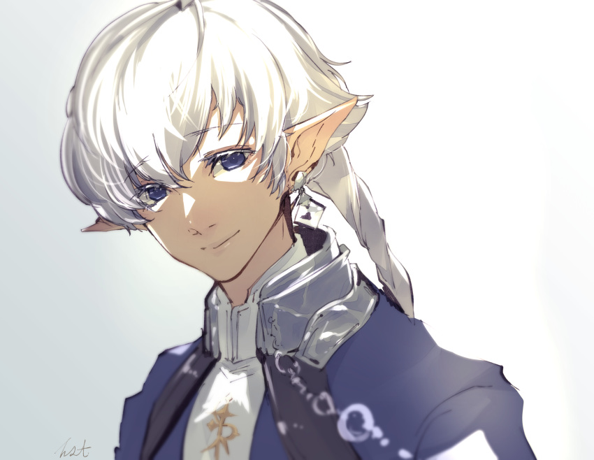 1boy, alphinaud_leveilleur, bangs, blue_eyes, blue_jacket, blurry, closed_mouth, collared_shirt