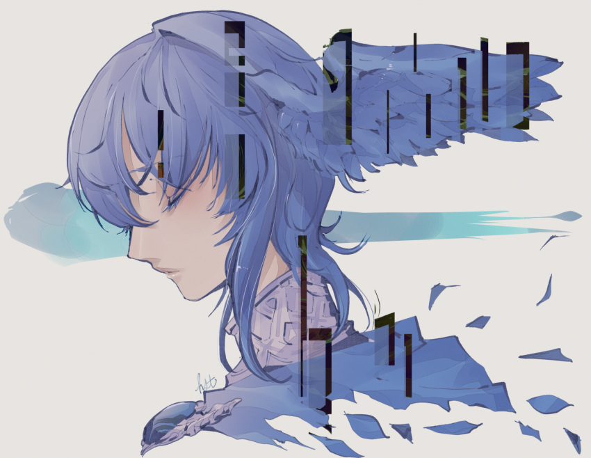 1girl, artist_name, bangs, blue_hair, blue_theme, blue_wings, blush, closed_eyes