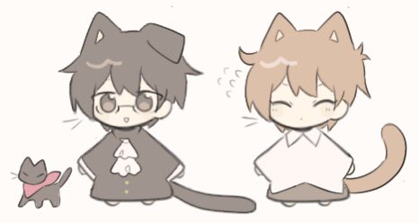 2boys, animal, animal_ears, bandana, bangs, black_cat, brown_eyes, brown_hair
