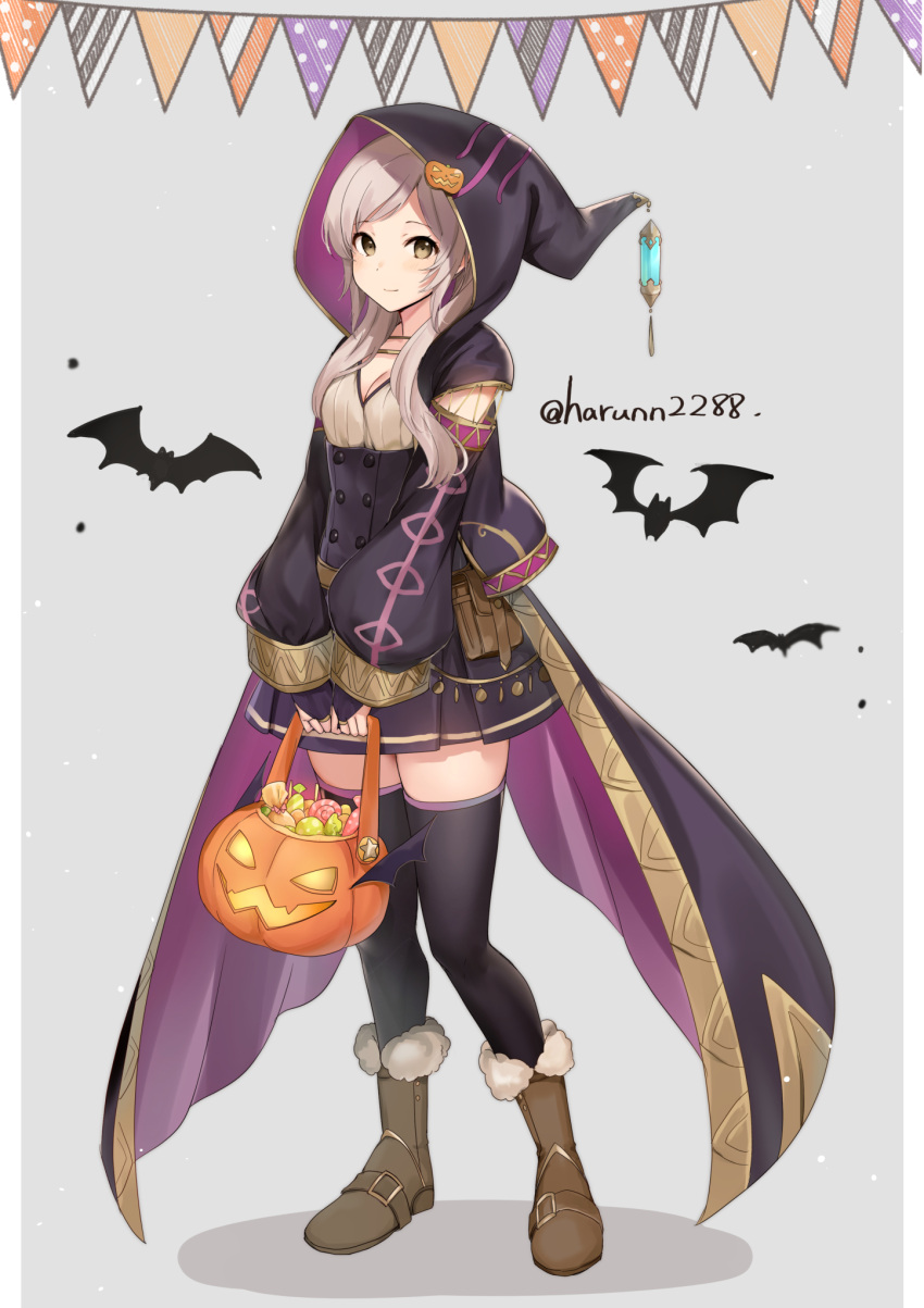 1girl, alternate_costume, animal_print, bat_print, black_thighhighs, blush, bridal_gauntlets, brown_eyes