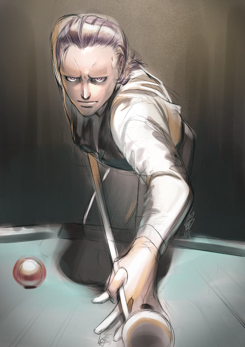 1boy, apron, artist_name, ball, bangs_pinned_back, billiard_ball, billiards, bishop_(daemon_x_machina)