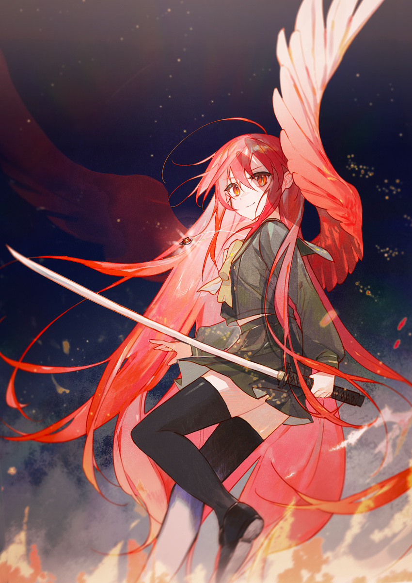 1girl, absurdres, alastor_(shakugan_no_shana), bangs, black_thighhighs, bow, bowtie, closed_mouth
