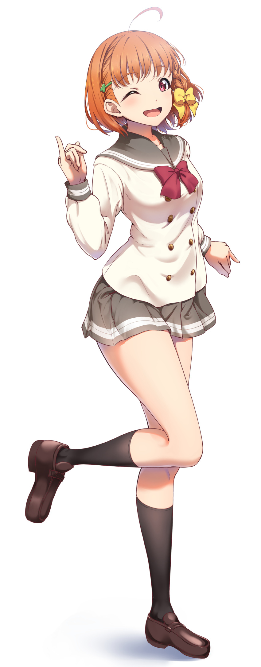 1girl, ;d, absurdres, ahoge, amagi_(volfuji), black_socks, bow, bowtie