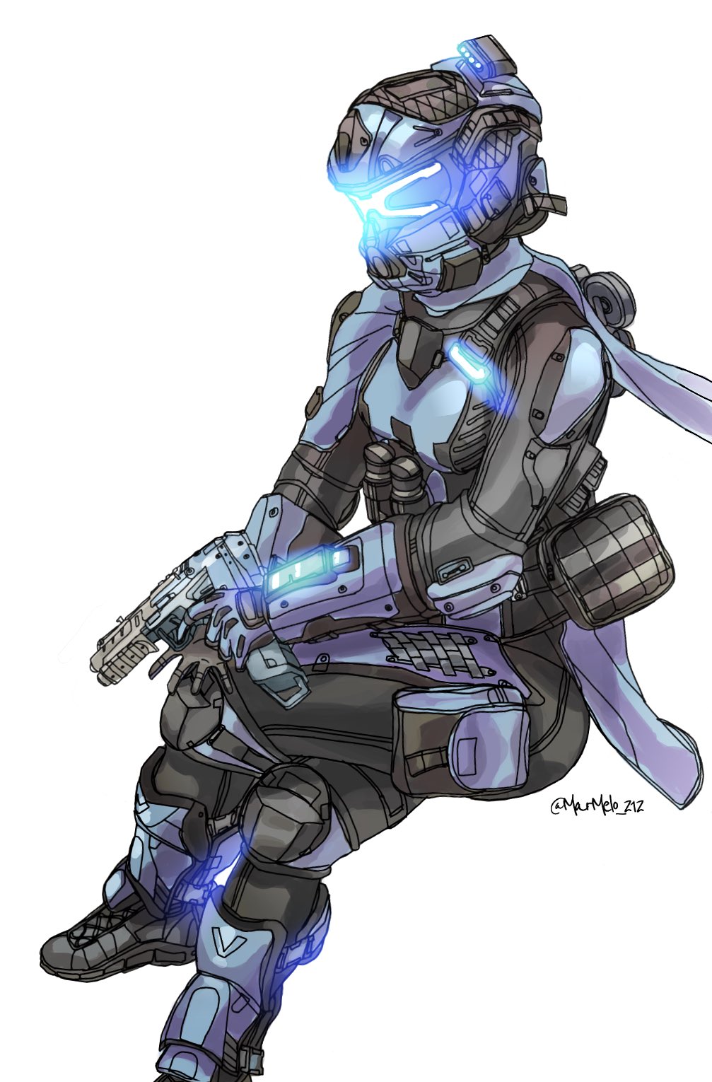 1girl, alternator, assault_visor, black_footwear, black_gloves, blue_gloves, blue_headwear, blue_scarf