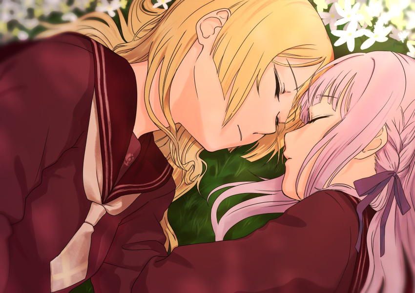 2girls, assault_lily, bangs, blonde_hair, blunt_bangs, blurry, blurry_background, blurry_foreground