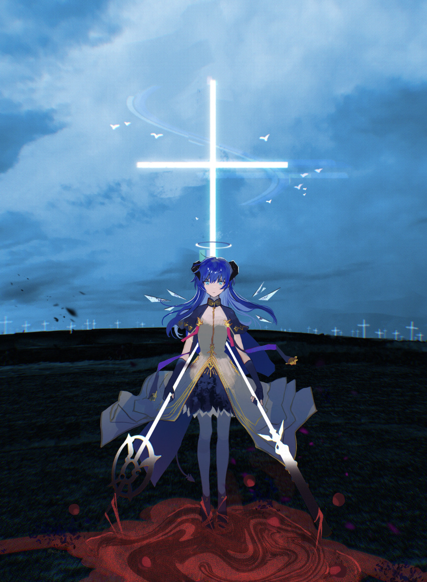 1girl, arknights, blood, blue_capelet, blue_eyes, blue_gloves, blue_hair, blue_skirt