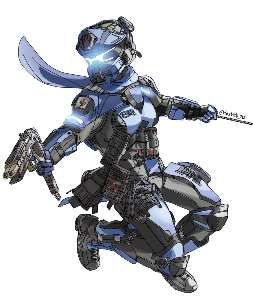1girl, airborne, alternator, assault_visor, black_footwear, blue_gloves, blue_headwear, blue_scarf
