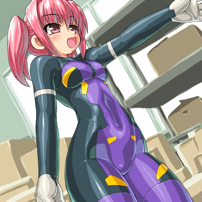 bodysuit, busou_shinki, dd_(artist), eukrante, happy, pigtail, pink_eyes, pink_hair