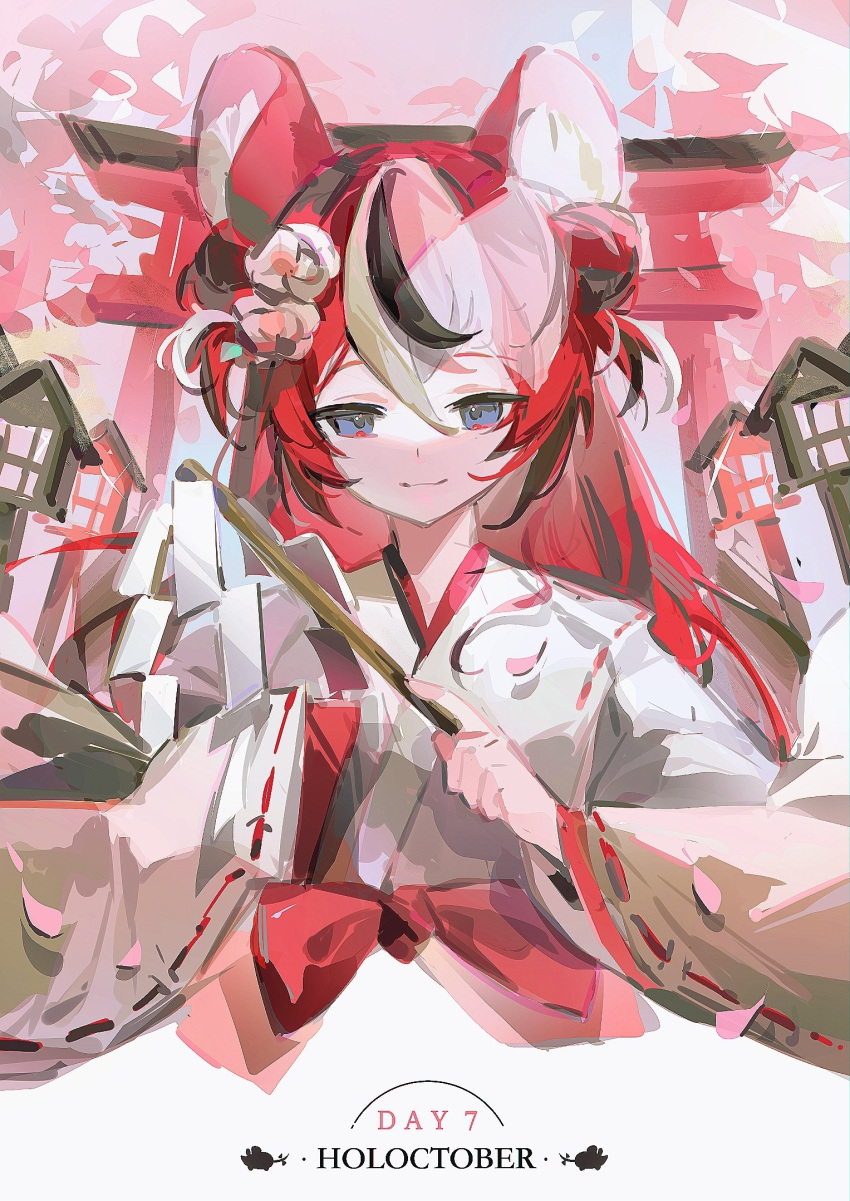 1girl, animal_ears, black_hair, blue_eyes, double_bun, flower, gohei, hair_bun, hair_flower, hair_ornament, hakos_baelz, highres, hololive, hololive_english, japanese_clothes, miko, mouse_ears, mouse_girl, multicolored_hair, petals, ranqi070, redhead, ribbon-trimmed_sleeves, ribbon_trim, smile, solo, torii, upper_body, virtual_youtuber, white_hair