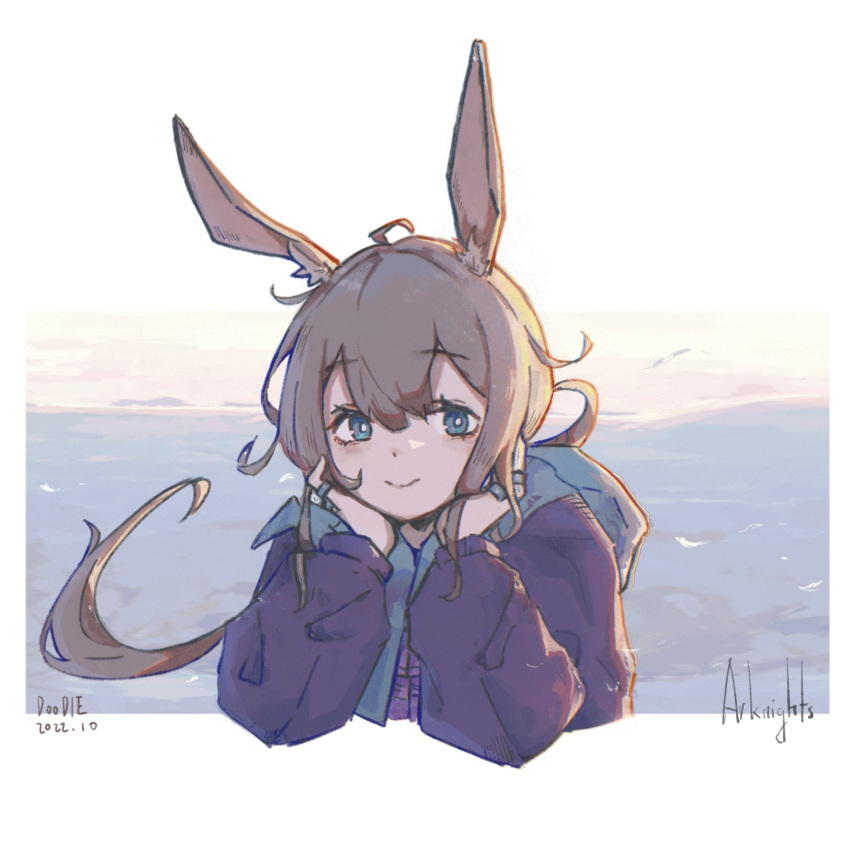 1girl, ahoge, amiya_(arknights), animal_ears, arknights, black_jacket, blue_eyes, border, commentary_request, copyright_name, dated, head_rest, highres, jacket, jewelry, long_hair, looking_at_viewer, multiple_rings, outdoors, outside_border, ponytail, rabbit_ears, rabbit_girl, ring, simuyutou, smile, solo, white_border