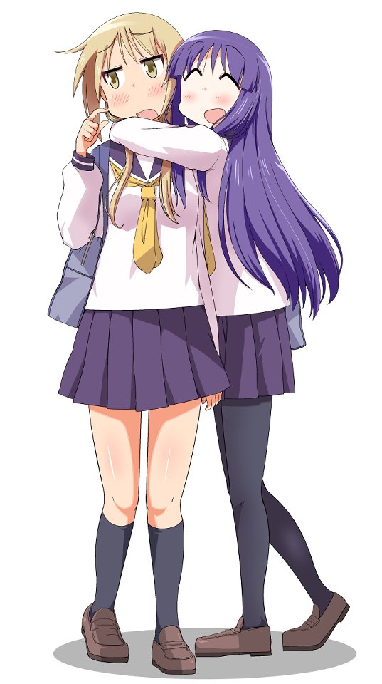 2girls, :d, black_sailor_collar, black_skirt, black_socks, blonde_hair, brown_footwear, closed_eyes, full_body, hinata_yukari, hug, ichii_yui, ki_(adotadot), long_hair, long_sleeves, looking_to_the_side, multiple_girls, neckerchief, open_mouth, pleated_skirt, purple_hair, sailor_collar, school_uniform, serafuku, skirt, smile, socks, standing, white_serafuku, yellow_eyes, yellow_neckerchief, yuyushiki, yuyushiki's_school_uniform