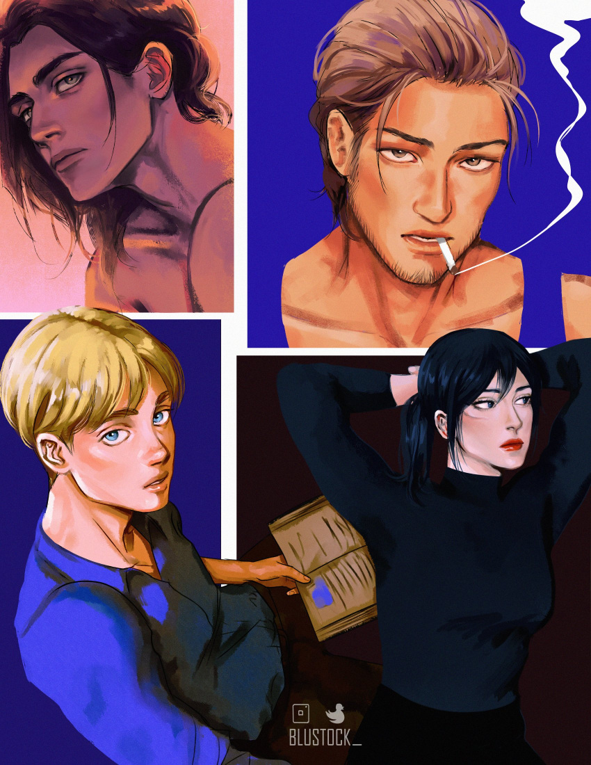 1girl, 3boys, armin_arlert, arms_behind_head, black_eyes, black_hair, blonde_hair, blue_eyes, blue_shirt, blustock, book, brown_eyes, brown_hair, cigarette, eren_yeager, grey_eyes, hair_slicked_back, highres, jean_kirchstein, lipstick, long_hair, makeup, mikasa_ackerman, multiple_boys, red_lips, shingeki_no_kyojin, shirt, smoking