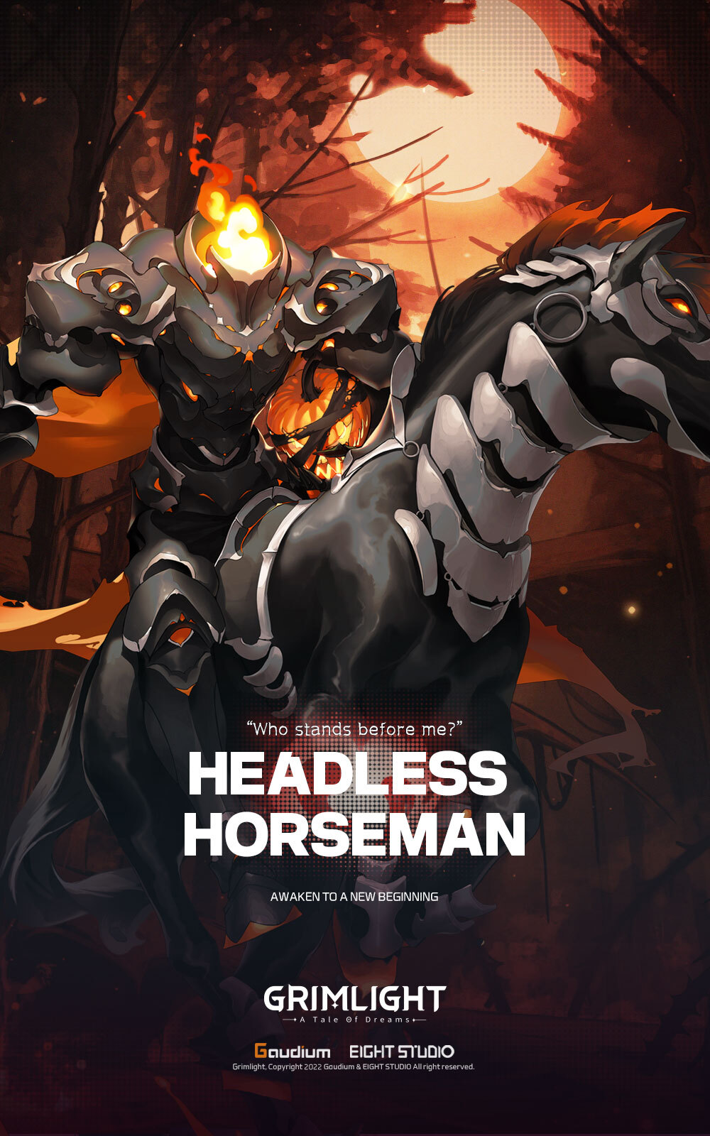 androgynous, armor, bangs, black_armor, black_horse, english_commentary, fire, forest