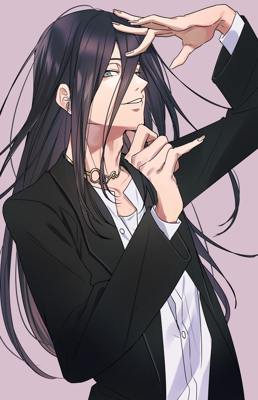 1boy, absurdres, arm_up, aryu_jyubei, black_hair, black_jacket, blue_lock, grey_eyes