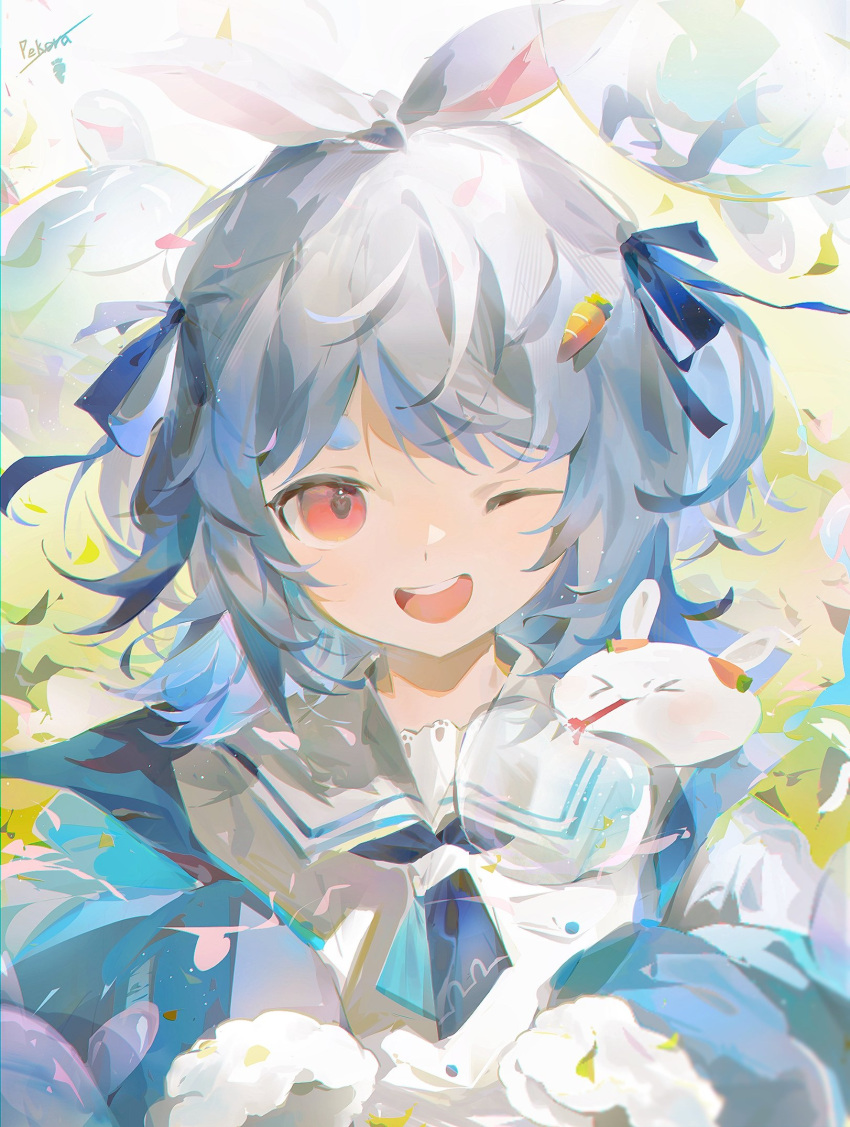 >_<, 1girl, animal_ears, blue_eyes, blue_jacket, carrot_hair_ornament, character_name, confetti
