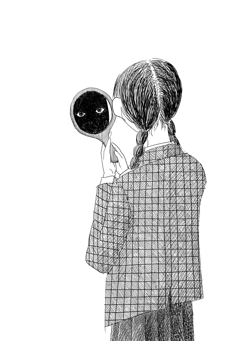 1girl, absurdres, blazer, braid, cowboy_shot, crosshatching, different_reflection, facing_away