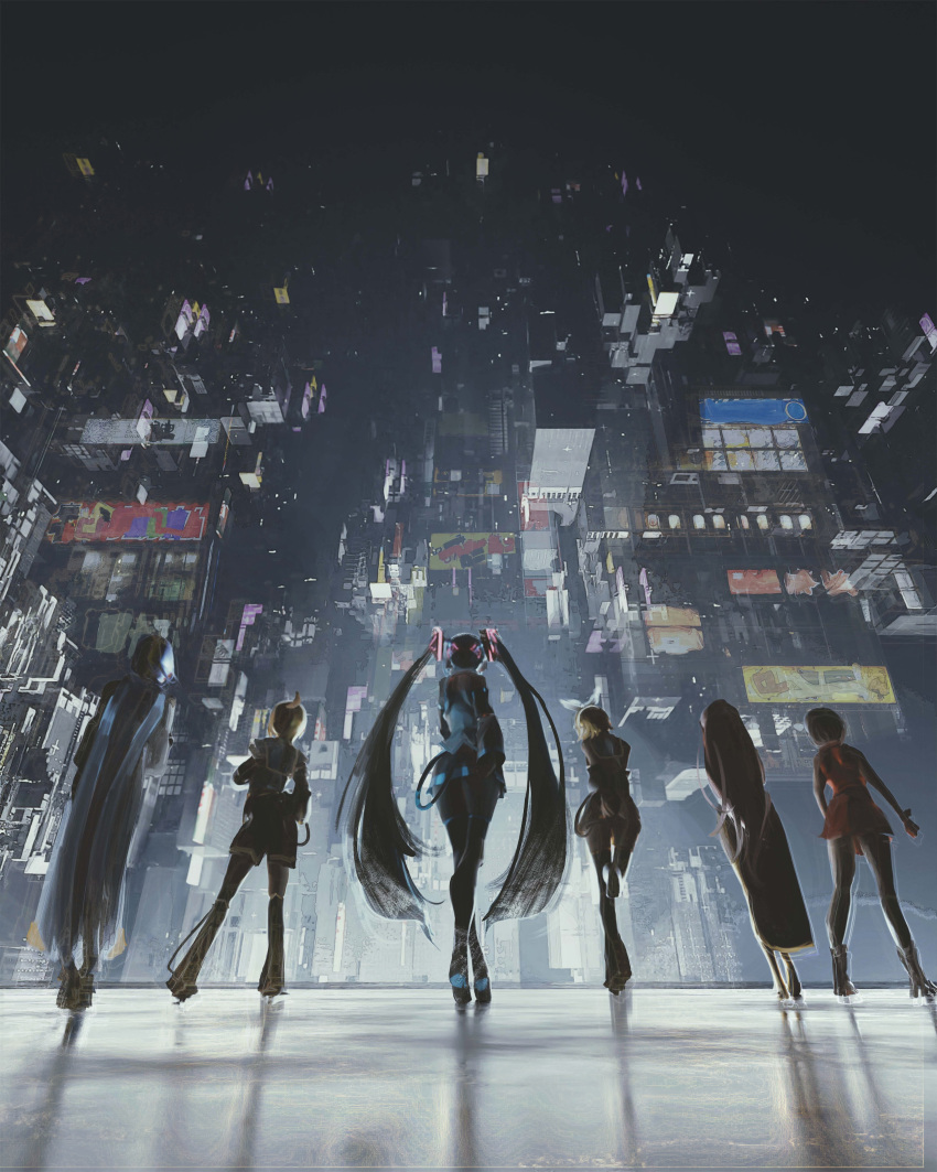 2boys, 4girls, absurdres, aqua_hair, back, band, blonde_hair, brother_and_sister
