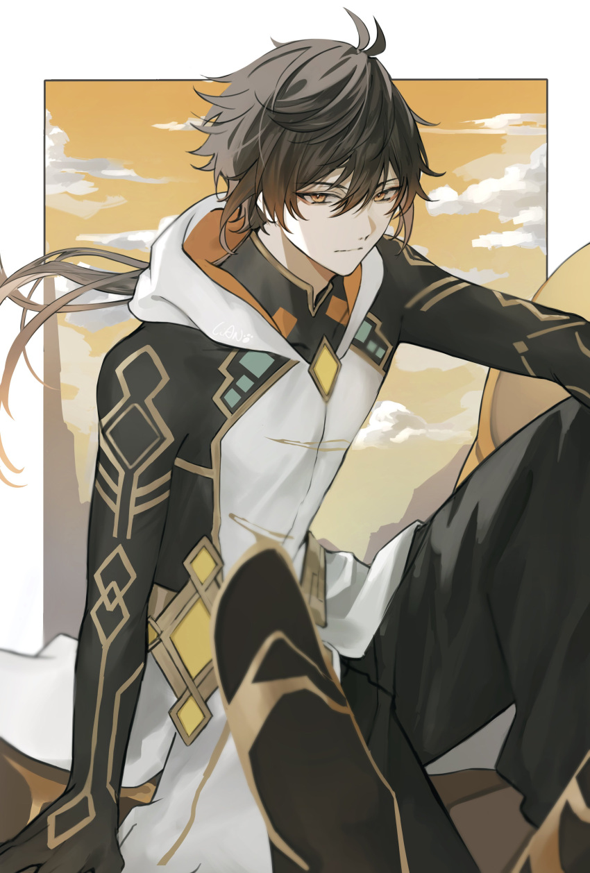 1boy, absurdres, ahoge, arm_up, artist_name, bangs, belt, black_hair