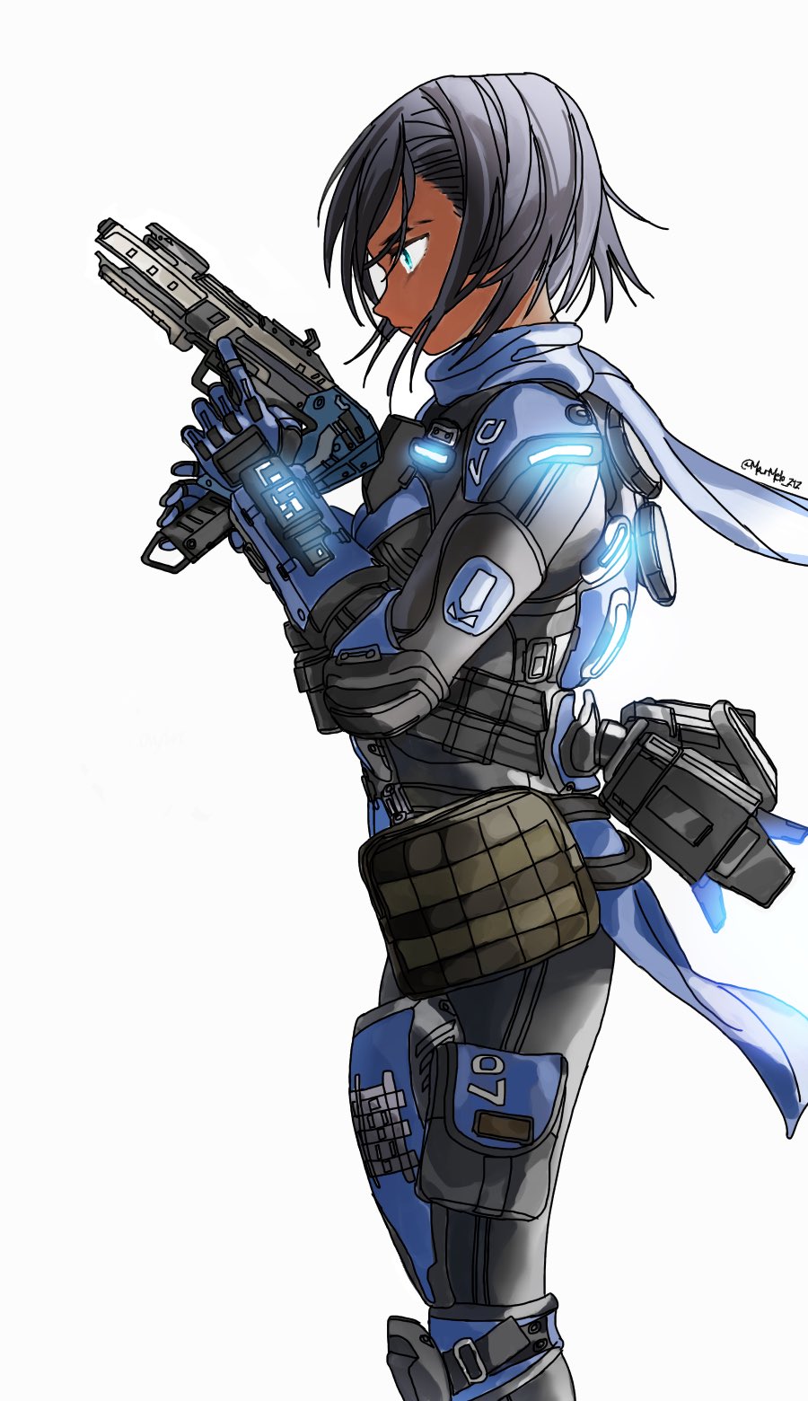 1girl, alternator, bangs, black_bodysuit, black_hair, blue_eyes, blue_gloves, blue_scarf